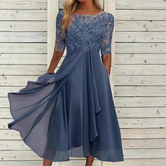 2026 European Cross-Border Amazon Dress Chiffon Splicing Lace Hollow-Out Long Dress Bridesmaid Evening Gown 2026 European Cross-Border Amazon Dress Chiffon Splicing Lace Hollow-Out Long Dress Bridesmaid Evening Gown