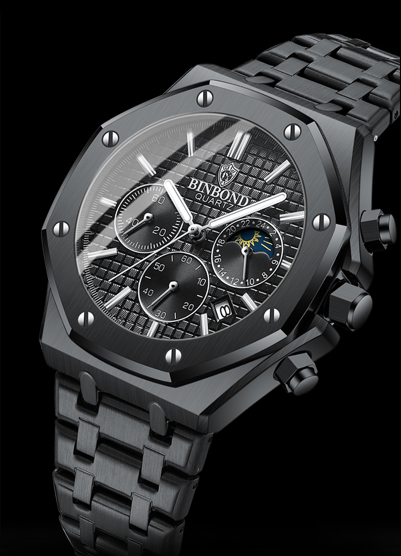 New Watch Hot Selling Model: Binbang High-end Three Eye Six Needle Multifunctional Lunar Phase Steel Band Multifunctional Men's Watch Watch_voghion.com