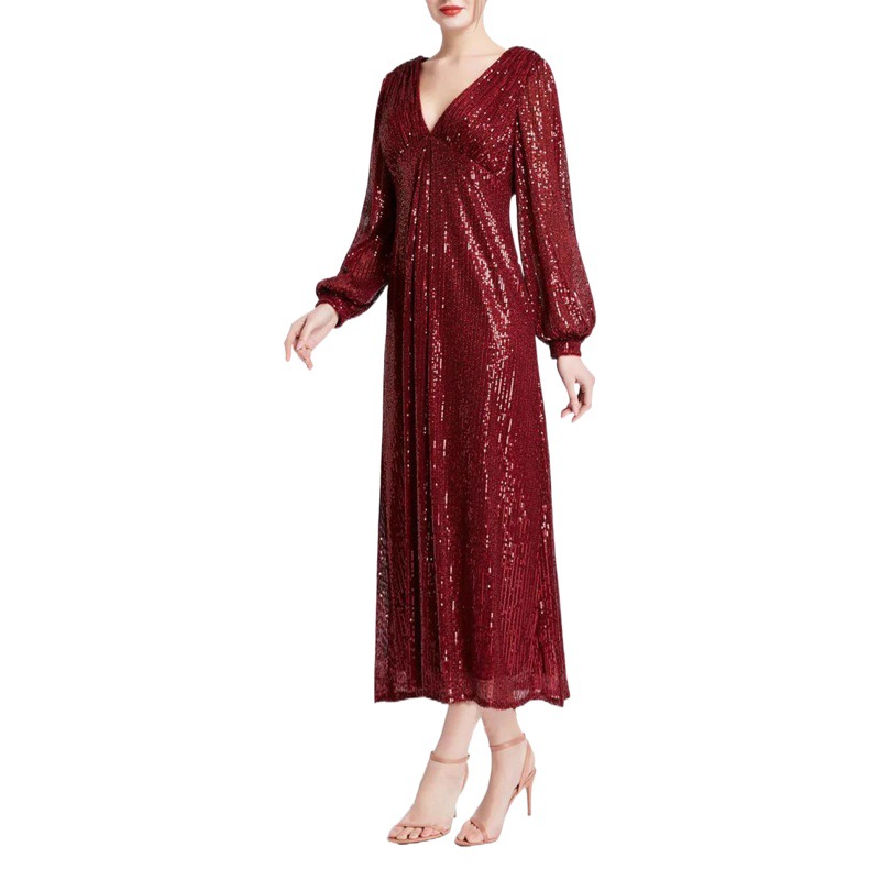 Otoño e invierno nuevo estilo europeo y americano ropa de mujer transfronteriza vestido de comercio exterior falda media cuello en V vestido de fiesta de lentejuelas de manga larga