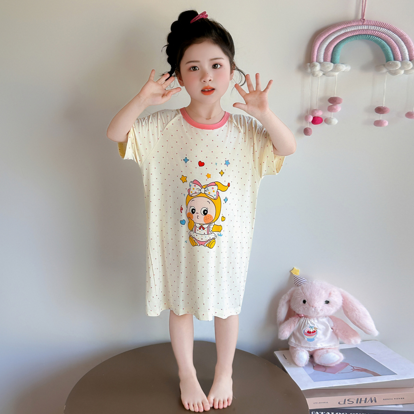 夏季2026儿童宝宝女孩睡裙空调服女童莫代尔宝宝连体睡衣短袖睡袍