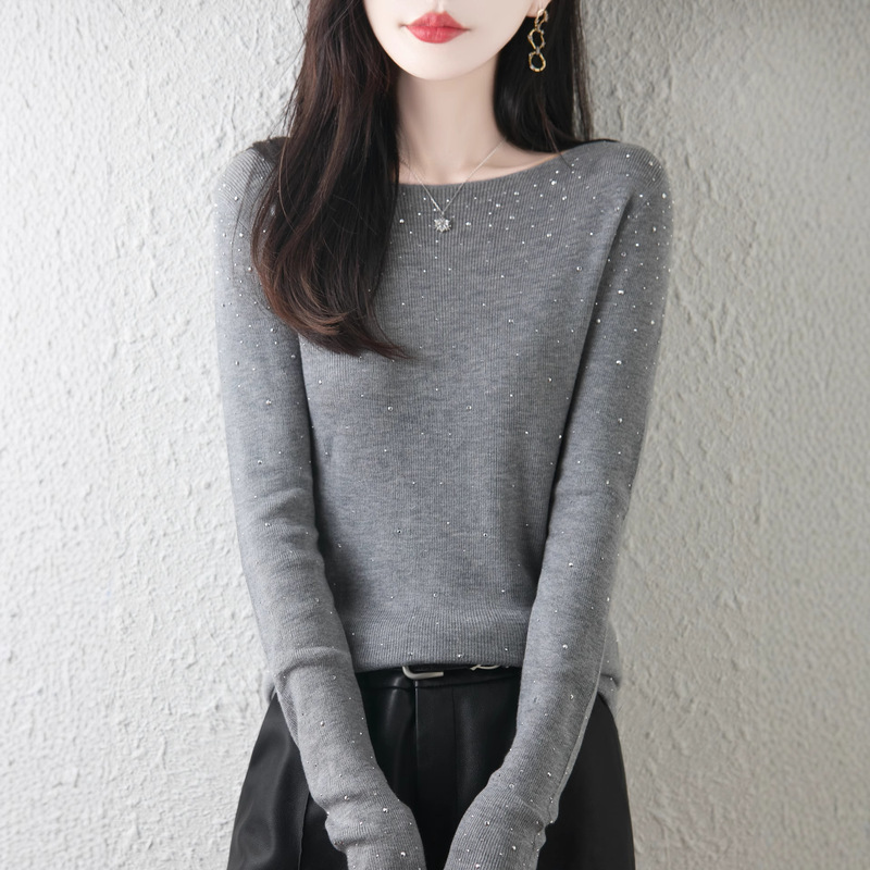 Fine Wool One-Line Collar Full Diamond Sweater for Women's Dinner Date Sequin Top Niche Design Outer Sweater