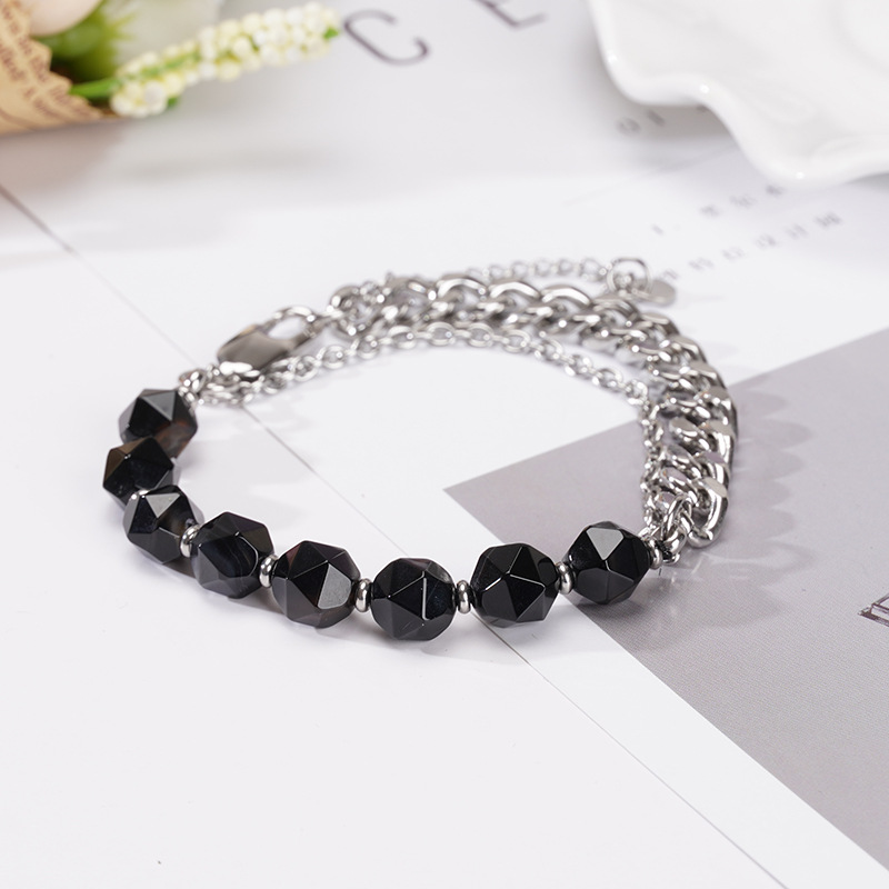 欧美热销霸气不锈钢切面黑玛瑙虎眼石天然手链男女士饰品手镯潮流