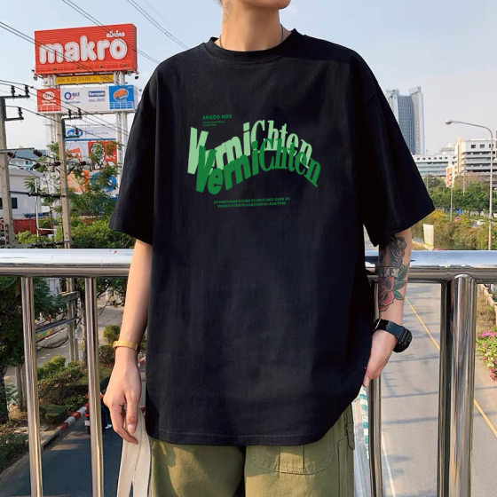 Hong Kong style letter Black Ice Silk couple's men's and women's same round neck short sleeve T-shirt men's fashionable all-match casual top clothes