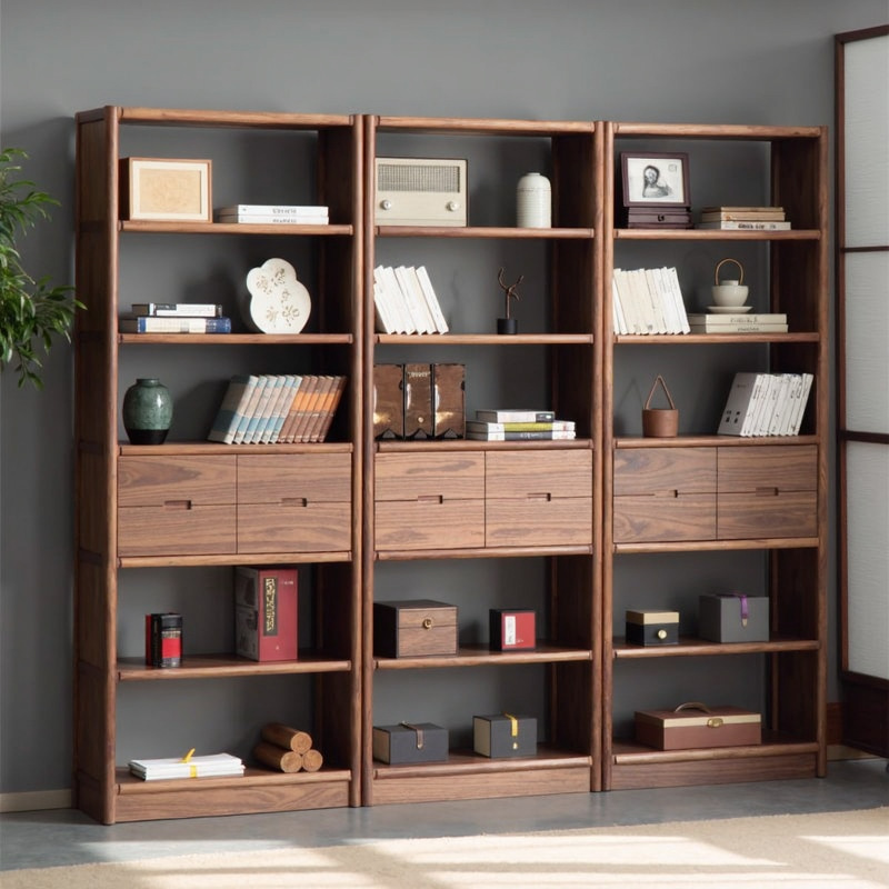 北欧北美黑胡桃木书架组合现代简约靠墙落地书柜实木置物架博古架