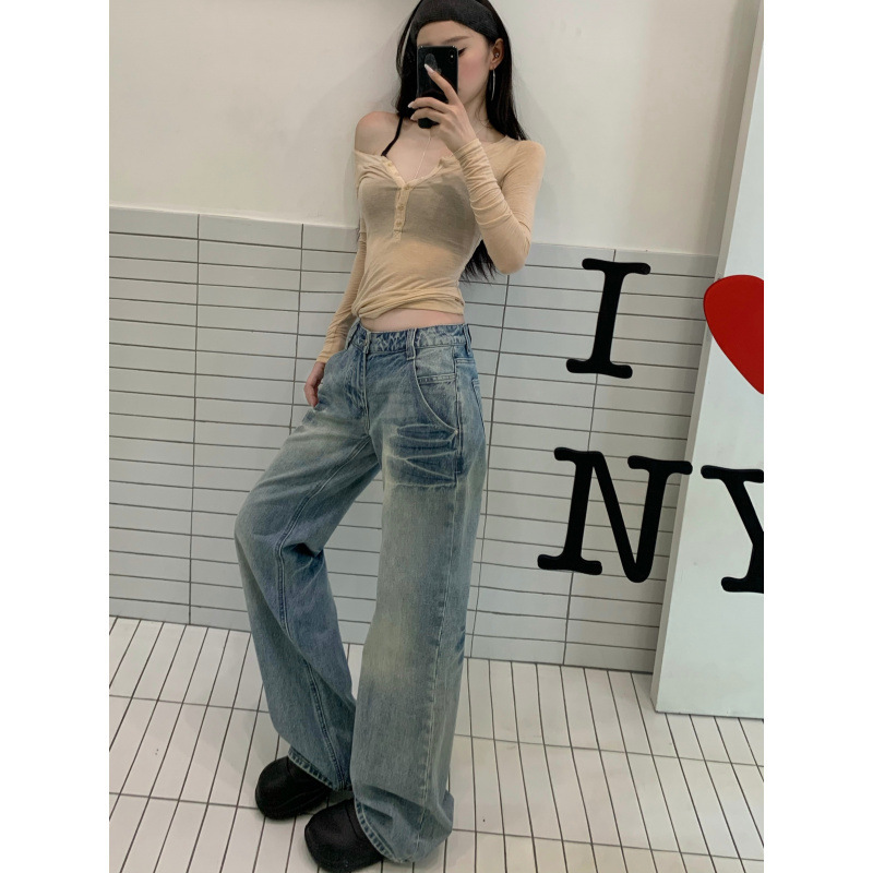 Low-Waist Distressed Whiskered Vintage Jeans for Women, Retro Straight Loose Fit Casual Long Pants, Sun-Protective T-Shirt Set