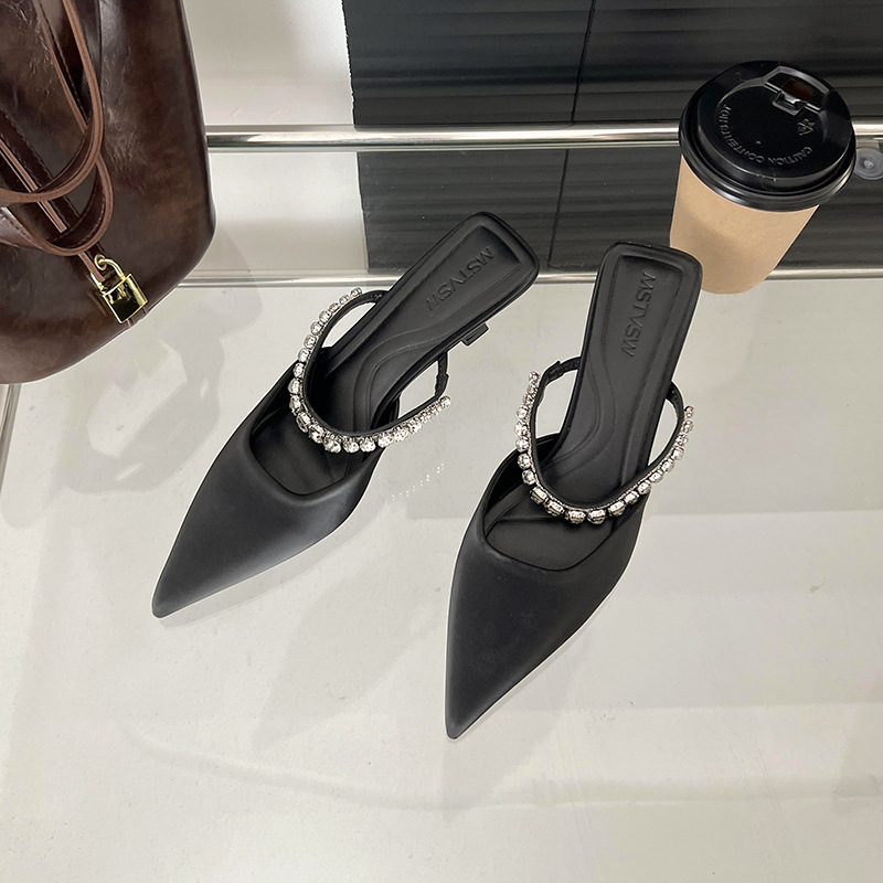 Plus Size Rhinestone Pointed Toe High Heels 2025 New Black Silver Strap Slippers Fairy Style Summer Outdoor Wear_vogvips.com