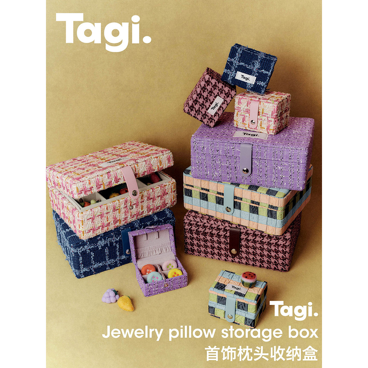 Tagi Same Style Jewelry Pillow Jacquard Jewelry Box Large Retro Large Capacity Double-Layer Storage Box with Compartments