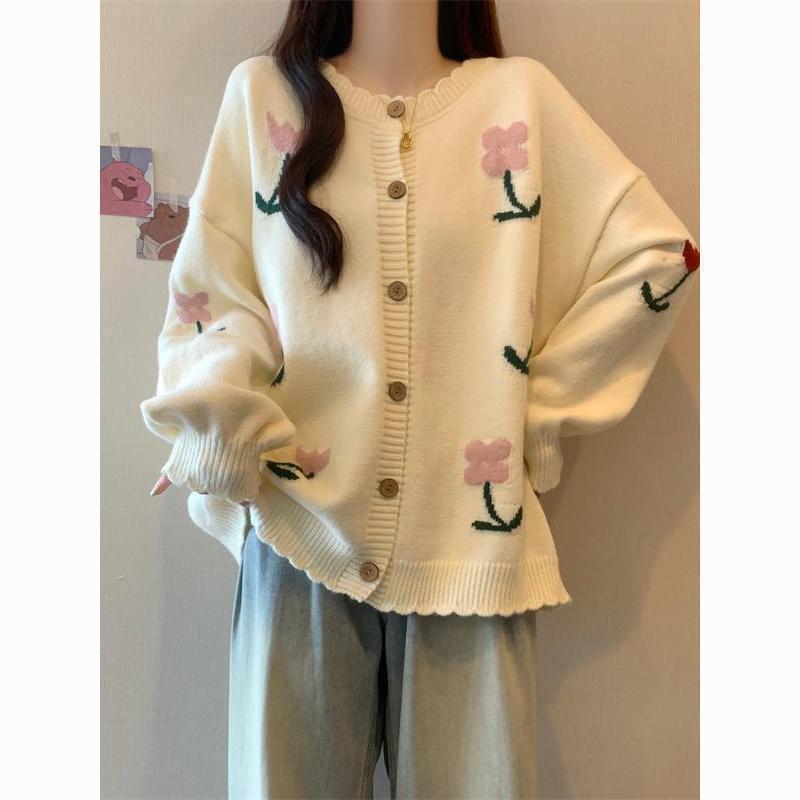 衣品乐绿色针织开衫花朵毛衣外套女2025春季新款减龄百搭显白上衣