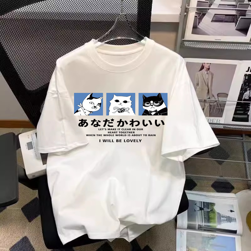 纯棉女装短袖T恤潮牌网红款宽松圆领潮流白色印花上衣百搭打底衫|undefined
