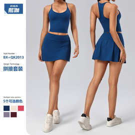 跨境裸感运动套装翻腰头防走光瑜伽服女修身户外跑步健身套装2013