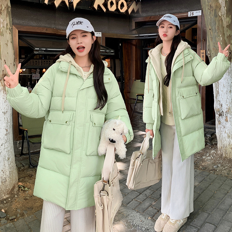 休闲棉服女中长款2025冬季新款撞色连帽韩版宽松棉袄针织帽面包服|undefined