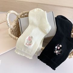 純色花邊襪子女刺繡花朵中筒襪珍珠堆堆襪新中式ins甜美少女襪子