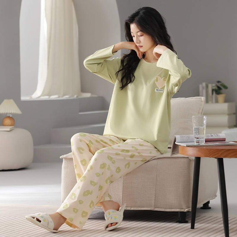 Category a Long-Sleeved Pure Cotton Pajamas for Women, Spring & Fall Pants, Sweet Cartoon Loose Korean Style Simple Casual Women's Home Wear