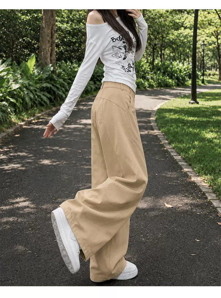 Quần ống rộng nữ cạp cao dáng suông thoải mái phong cách thường ngày — Kaki [Kiểu thông thường], Kaki [dành cho người cao], Kaki [dành cho người nhỏ nhắn], Màu xám nâu [dành cho người cao] chi tiết 15