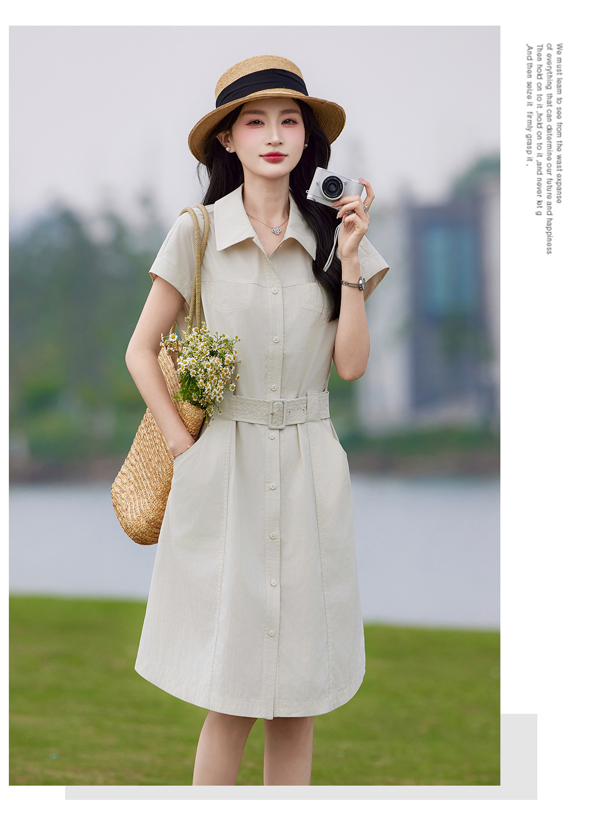 Đầm polo nữ cổ bẻ thắt eo dáng suông midi mùa hè — màu xanh nhạt, màu trắng ngà chi tiết 24
