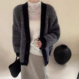 冬新款羊毛针织衫女宽松显瘦v领中长款百搭慵懒开衫外套加厚跨境