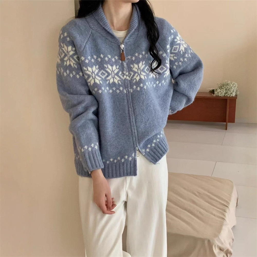 Retro Fair Island Jacquard suéter mujeres otoño invierno nuevo viento relajado doble cremallera jersey chaqueta