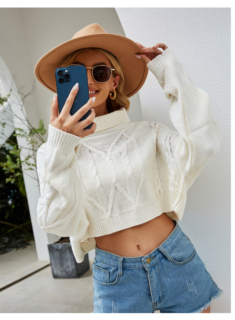 solid color turtleneck short cable loose knitted sweater nihaostyles clothing wholesale NSYH82930