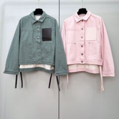 重工色织工装皮口袋牛仔外套女侧边开叉皮条宽松休闲时尚衬衣夹克
