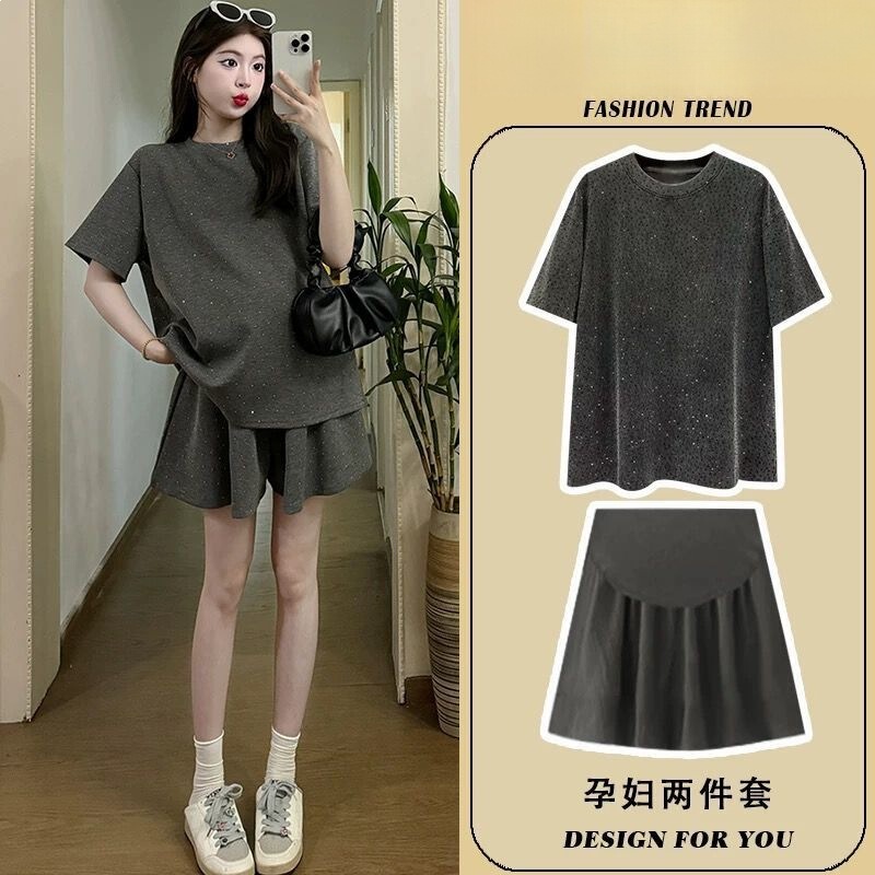 Maternity Suit 2026 New Style Gray Casual Sports Short-Sleeved Shorts and Skirt Two-Piece Set Summer Women's Air Cotton Fabric
