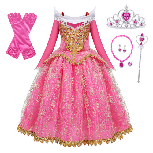 Princess Sleeping Beauty Aria Princess Dress, Long-Sleeve Girl Christmas Formal Dress, Pink Red Dress for 3-8 Years Old