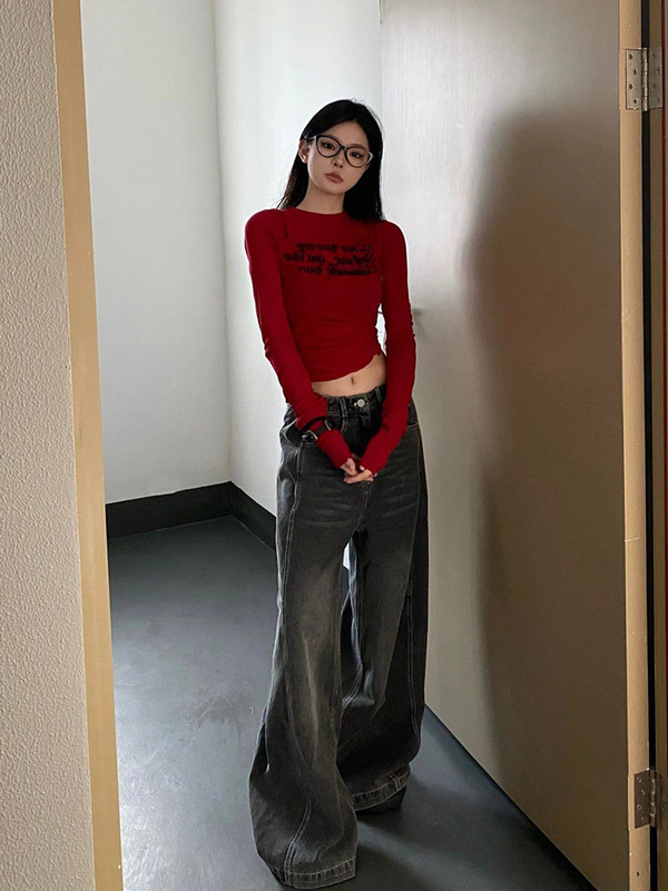 美式正肩长袖t恤女秋冬内搭打底衫修身显瘦辣妹露脐短款紧身上衣|undefined