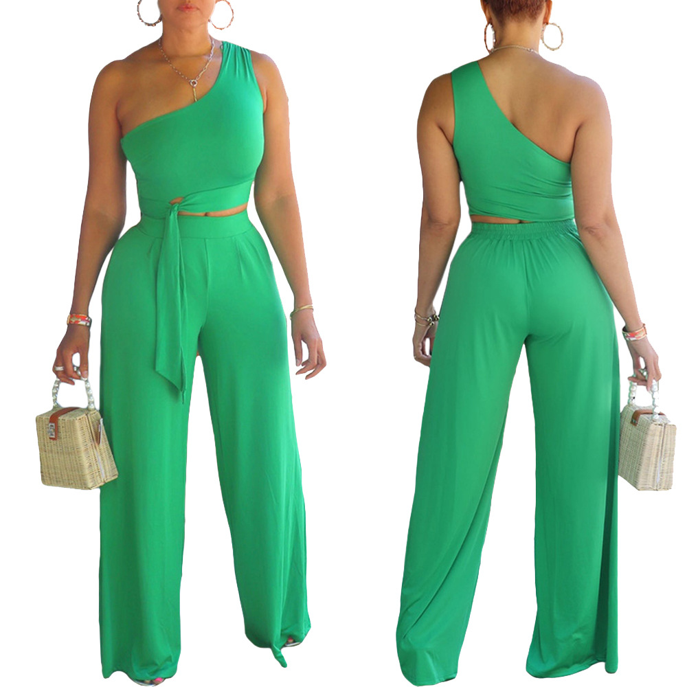C3162 Independent Station AliExpress European and American Cross-border Women's Solid Color Casual Shoulder Wide Leg Women's Two-piece Set