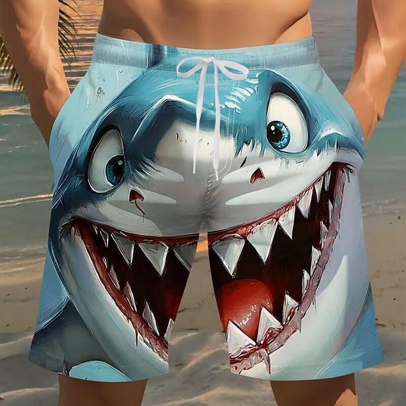 Men's Animal Cartoon Shark Swim Trunks Surf Shorts Funny Beach Vacation Side Pockets Mesh Lining Elastic Drawstring