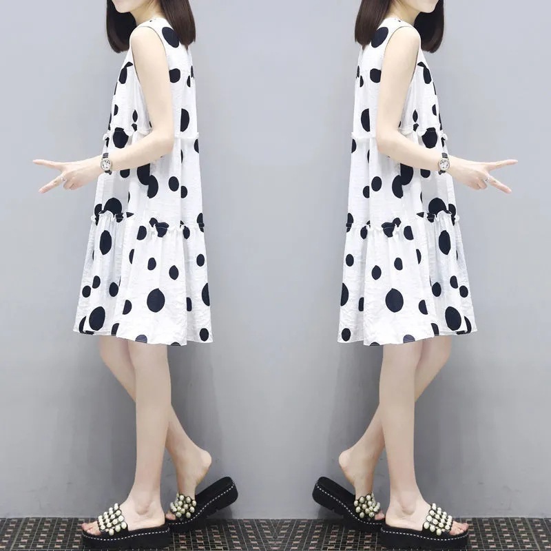 波点连衣裙女2025夏季新款中长款宽松显瘦遮肚无袖背心A字娃娃裙|undefined