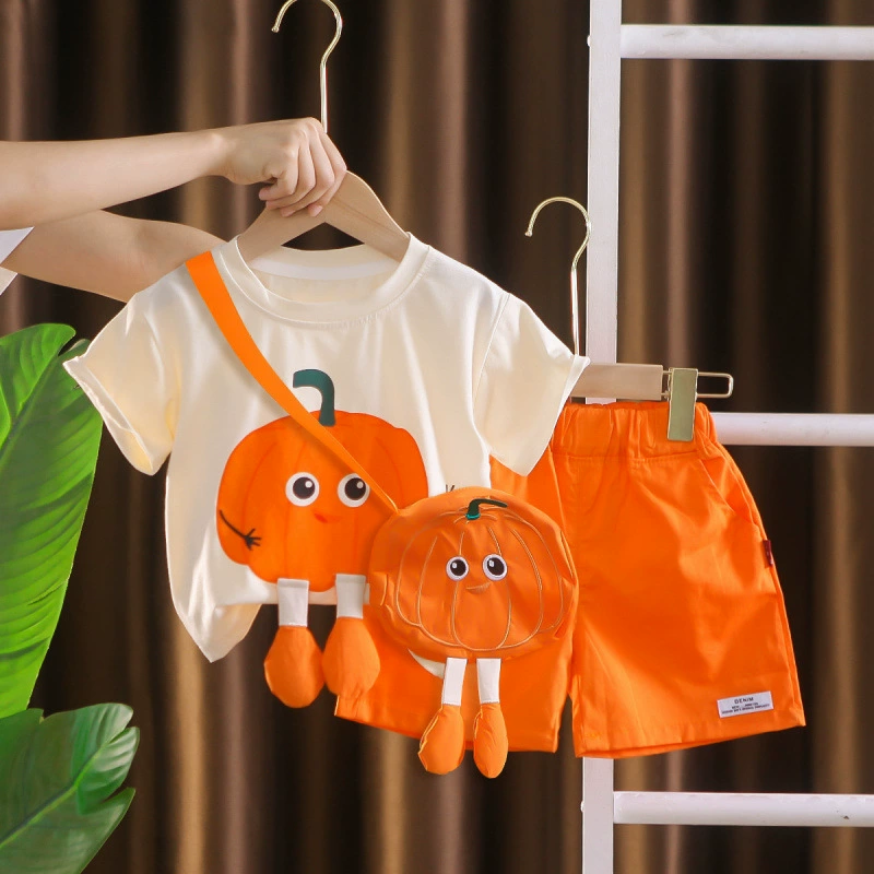 Summer cartoon sleeves for men and women with a round collar, children's set
