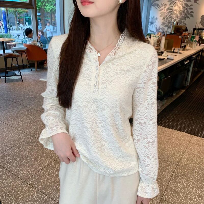 Hooded Sun Protection Clothing Chiffon Thin Transparent White Jacket Shirt Women's Spring and Summer Lace Shirt Layered Long-Sleeved Top