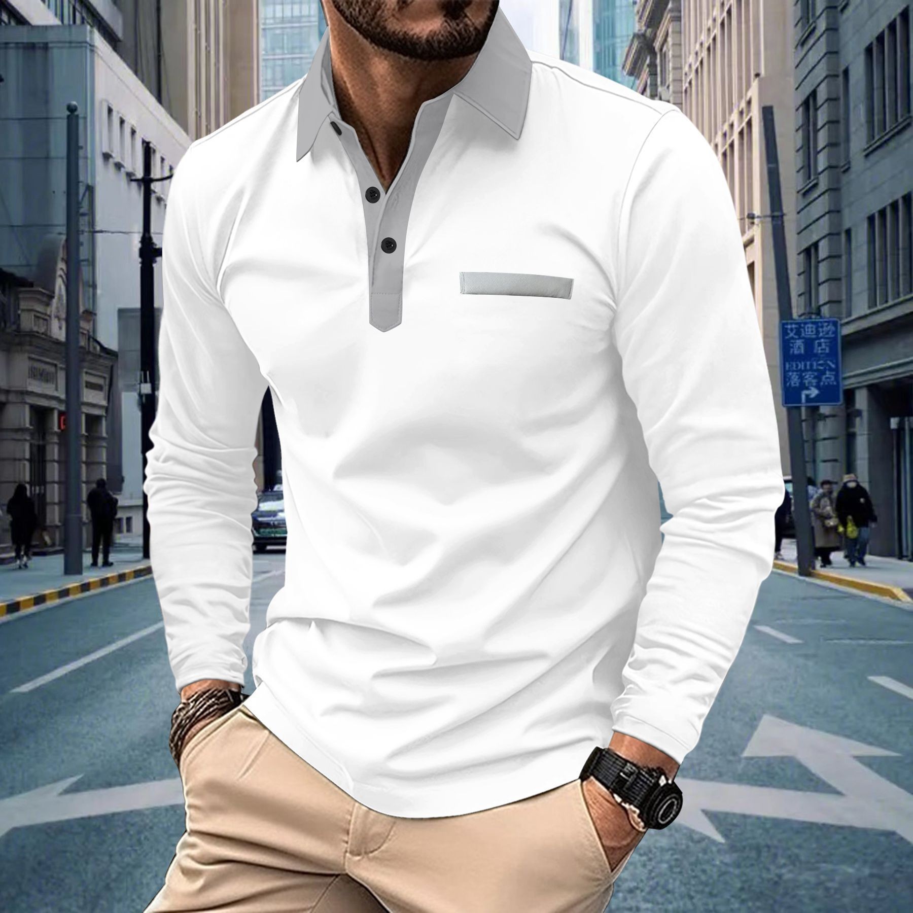 Herren Langarm Poloshirt Mit Button-down-kragen Und Color-block_voghion.com