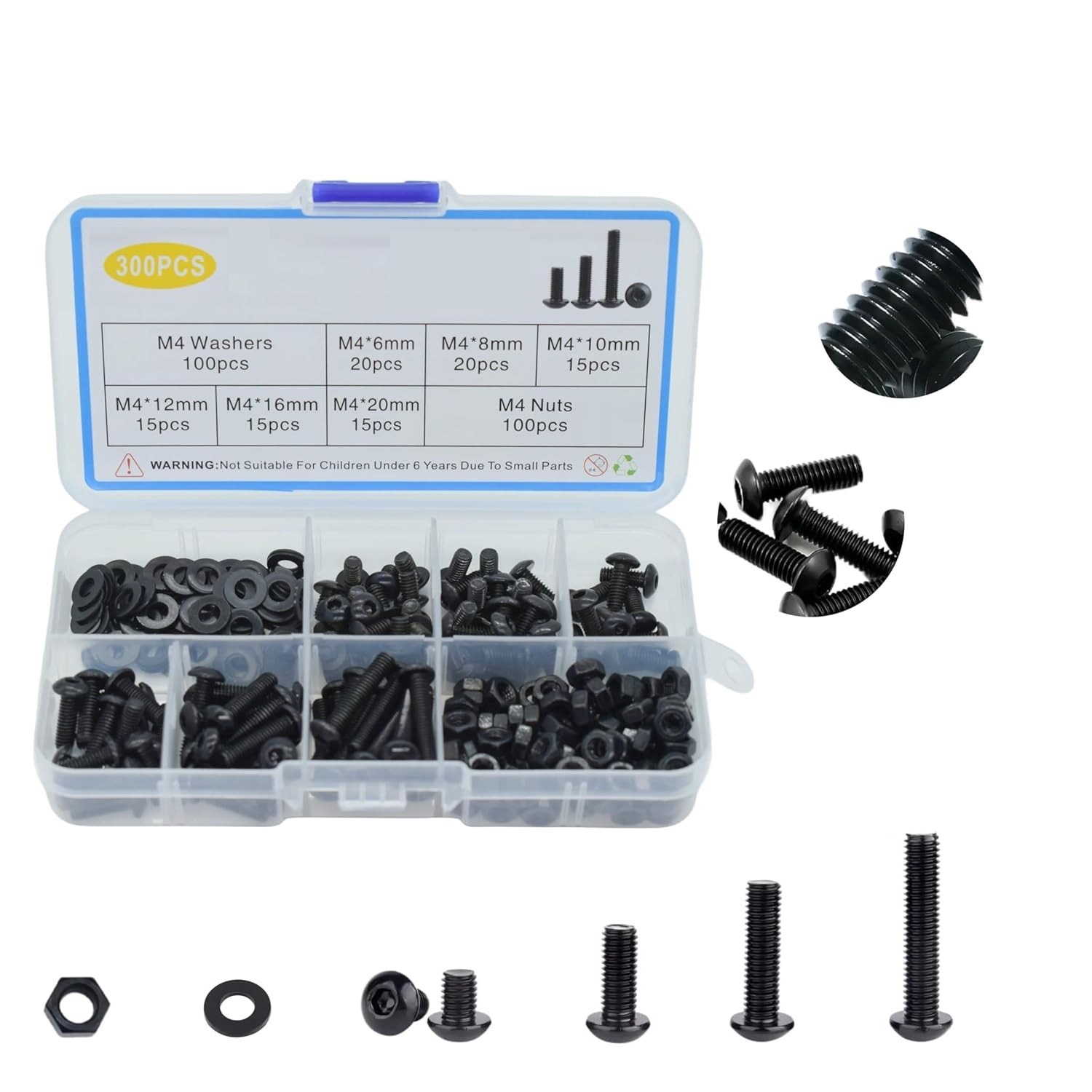 300件 M4公制螺丝组合扣头套筒盖,螺栓螺母垫片跨境组合黑色8.8级