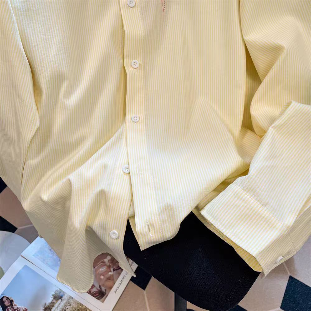 Camicia a righe da donna con ricamo giacca casual a strati_voghion.com