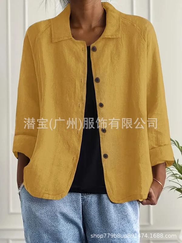 2025新款现货跨境外贸欧美女装纯棉上衣衬衣领休闲显瘦开衫外套女|undefined