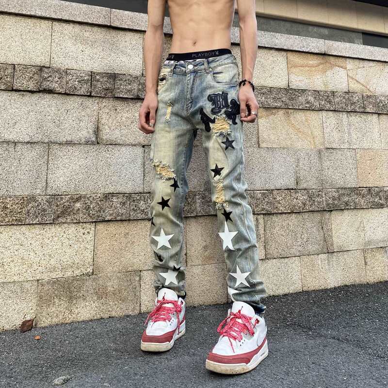 XSK men's clothing | 2023 new high street ripped jeans men's trendy all-match five-pointed star design slim pants XSK men's clothing | 2023 new high street ripped jeans men's trendy all-match five-pointed star design slim pants