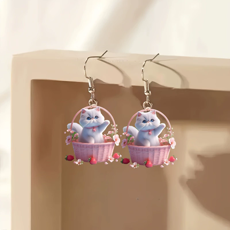 Pink basket, white design cute earrings, flowered