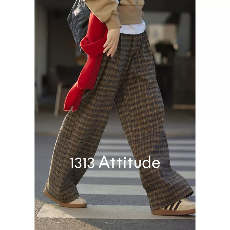 【现货】1313美拉德复古格纹阔腿休闲裤秋冬新款女格子裤宽松长裤