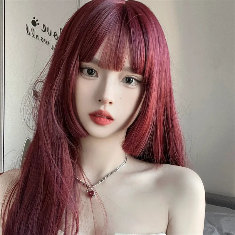 Long Synthetic Hair Wig With Bangs Straight And Wavy Full Coverage_voghion.com