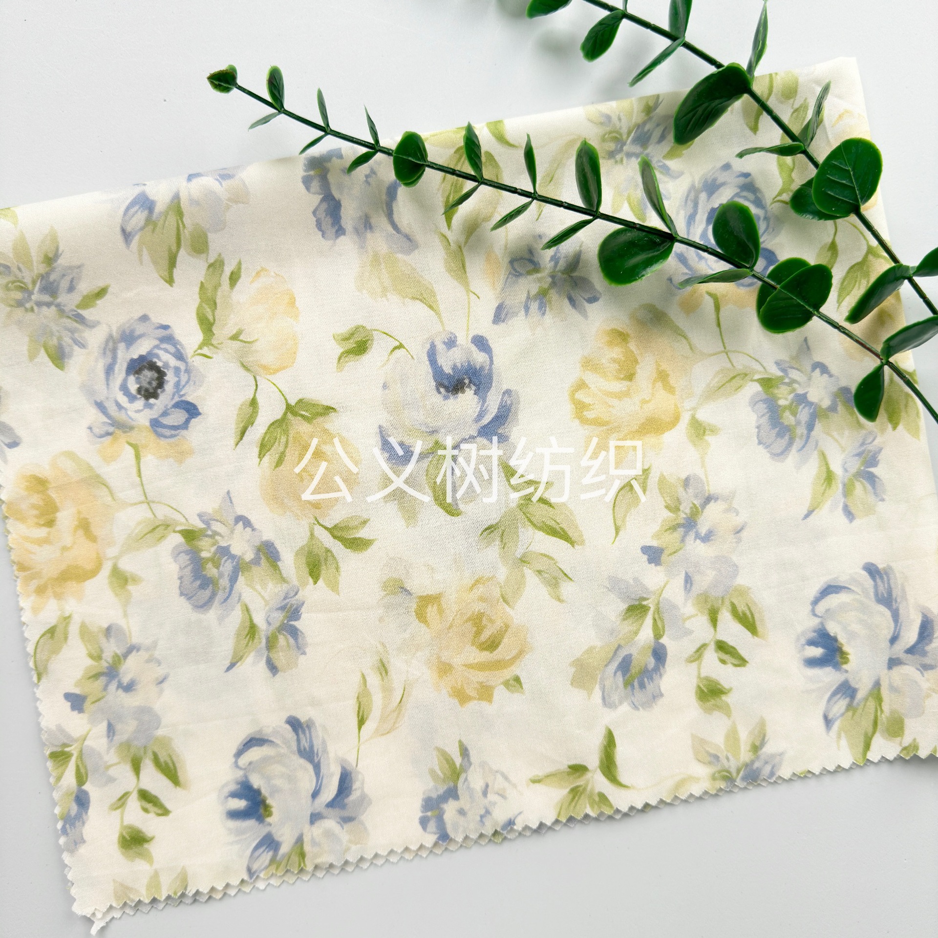 薄荷山茶花全棉60支仿天丝数码直喷布料高档印花布连衣裙女装面料