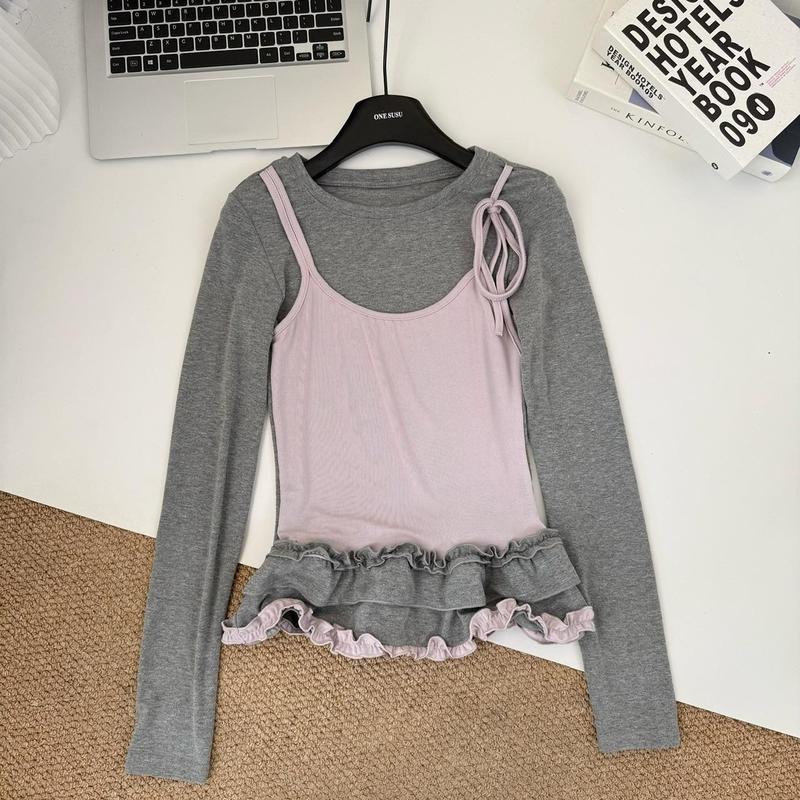 2025韓国版のデザイン感の偽の2つのレースのベストは底の長袖のtシャツの女性の金の春秋の中で身を修める上着を掛けます。|undefined