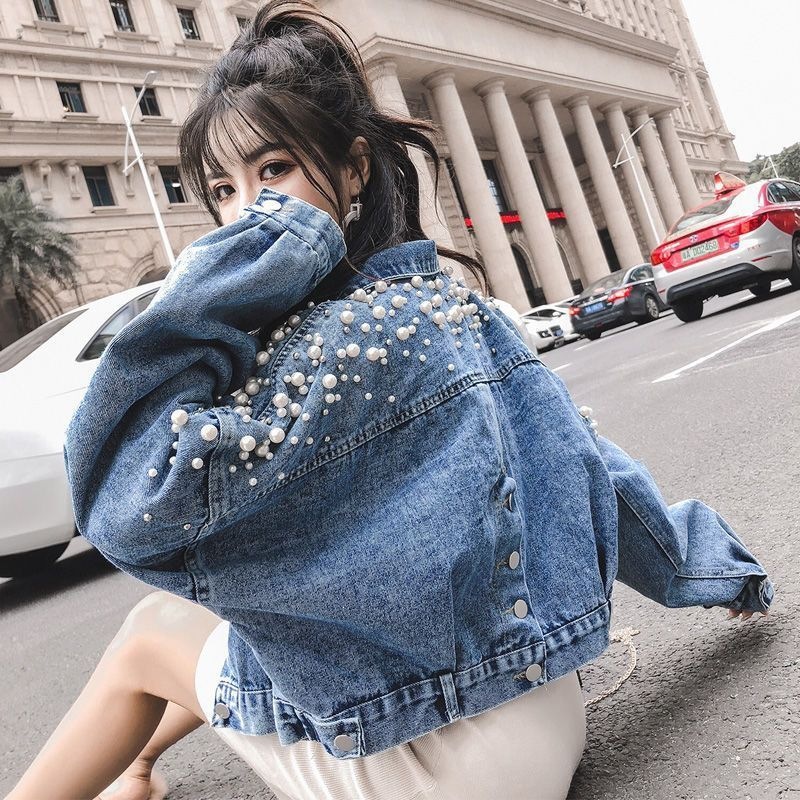 Embroidered denim jacket for women, Korean style, loose fit, student denim jacket, short-statured women's clothing top, new trendy spring and autumn style.