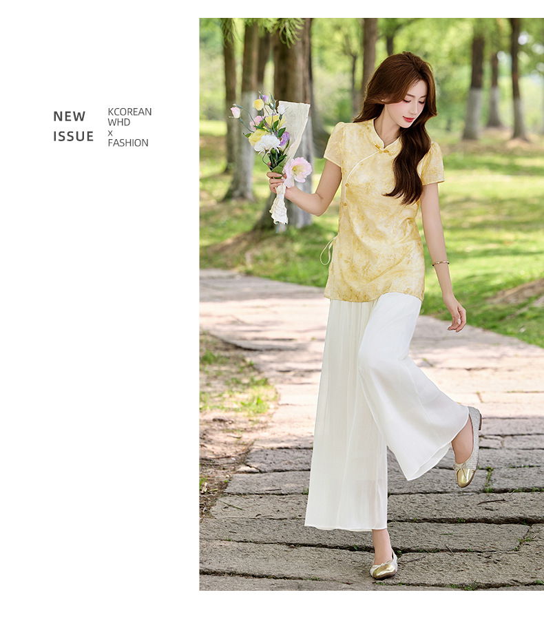 Bộ áo sơ mi cổ đức in họa tiết kết hợp quần dài hai mảnh nữ thời trang — Xanh lá cây nhạtcolor, Vàng nhạt chi tiết 16