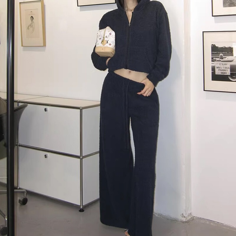 2026 New Spring Retro Dark Blue Soft Velvet Terry Cloth Stretch Sports Suit Fashionable Casual Pants Suit for Women