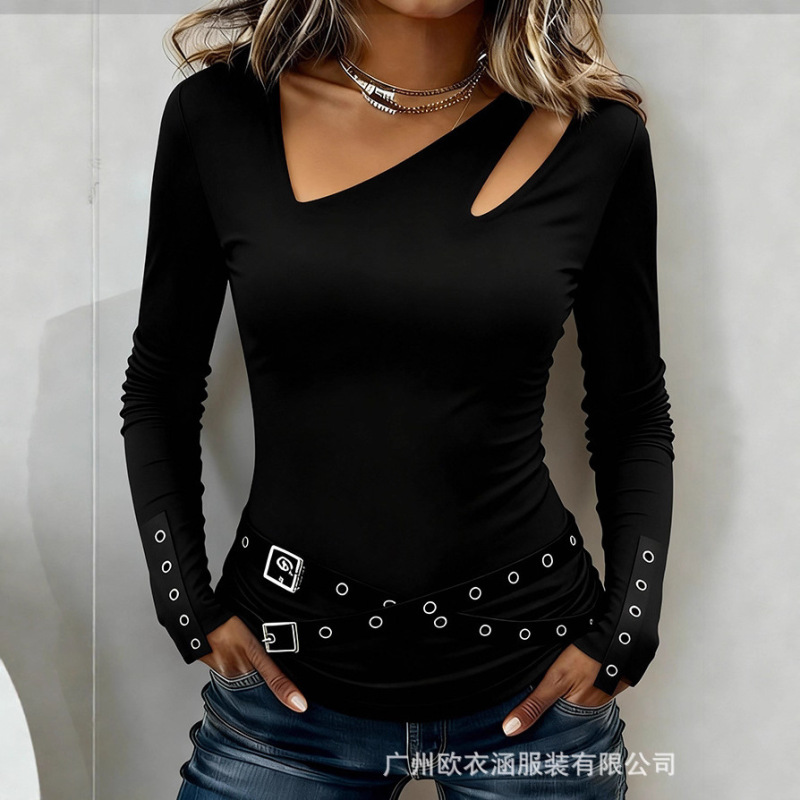 European and American Style 2026 New Sexy Women's Casual V-Neck Metal Button Design Top Long-Sleeve T-Shirt for Hot Girls European and American Style 2026 New Sexy Women's Casual V-Neck Metal Button Design Top Long-Sleeve T-Shirt for Hot Girls