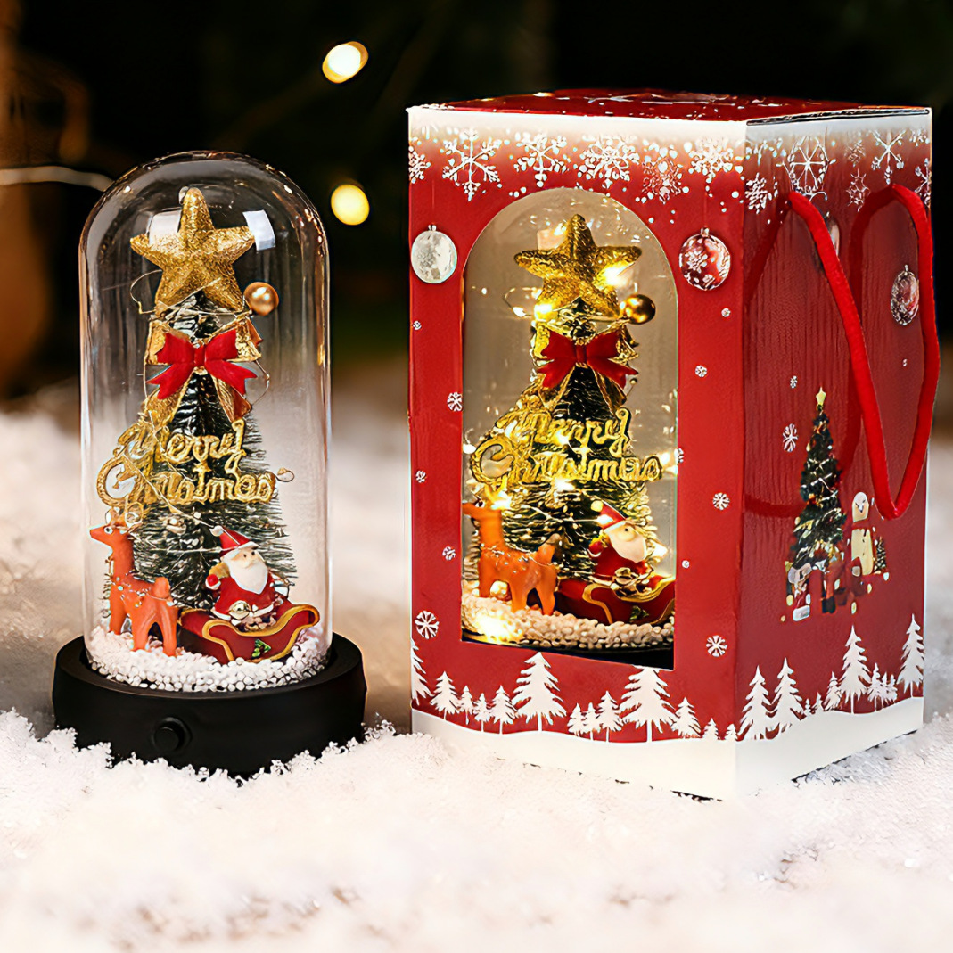 創意新品クリスマスプレゼントガラスカバークリスマスツリー装飾デスクトップ小置物ledライト発光オルゴール