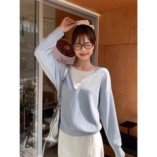蓝V领假两件长袖针织衫女2025春秋宽松慵懒软糯内搭打底衫上衣