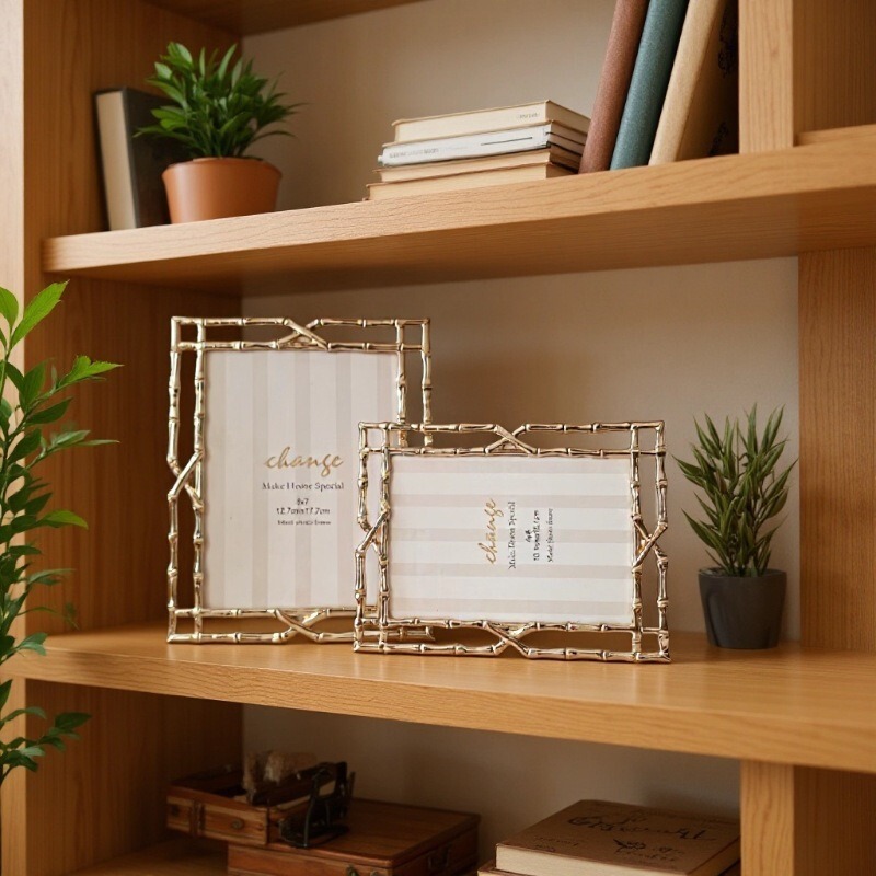 Modern Simple Light Golden Bamboo Metal Photo Frame Model Room Soft Decoration Table Decoration Metal Photo Frame