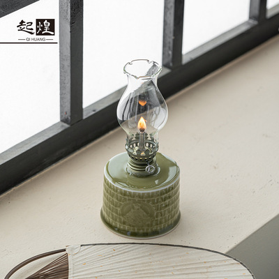 老式煤油灯酥油手绘青花陶瓷怀旧老式摆件茶室家居装饰品氛围灯