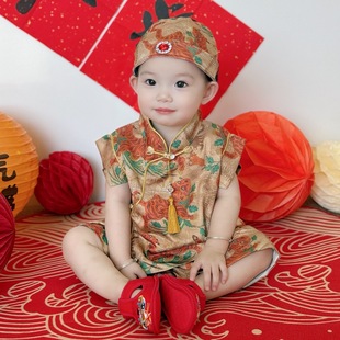 One-Year-Old Boy's Dress Summer New Chinese Style Birthday Crown Baby Tang Suit Baby Birthday Party Dress